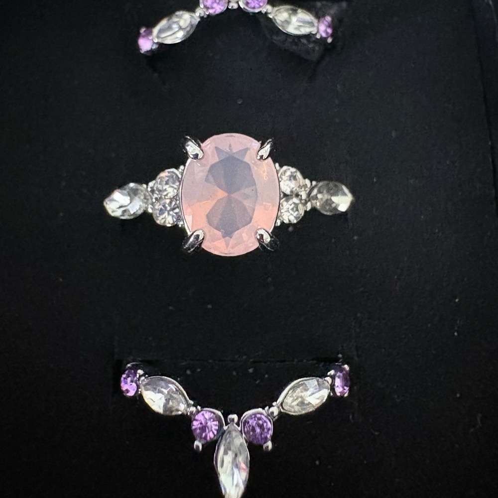 Silver-Tone Pink Oval Center Ring with Purple Accent Gems - Picture 2 of 3